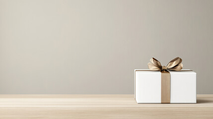 White gift box with gold ribbon on wooden table evoking elegant celebration