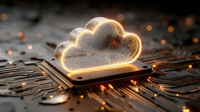 A glowing cloud symbol on a circuit board, representing cloud computing and technology innovation, set against a dark, high-tech background.
