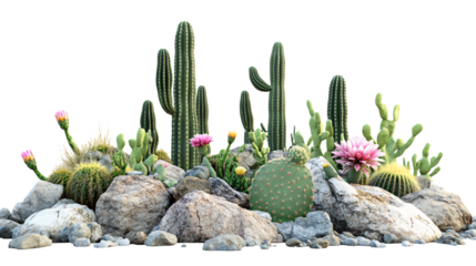 Vibrant desert flora with blooming cacti and rugged rocks