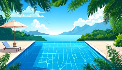 Cartoon rendering of pool overlooking an ocean, mountains, and tropical foliage