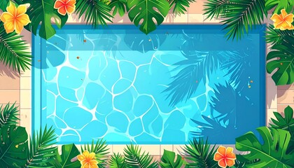 Overhead view of a pool with sunlight reflections, fringed by tropical leaves and flowers