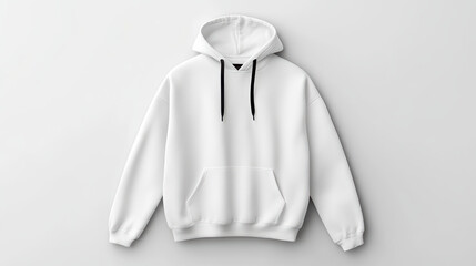 White hoodie front view with black drawstring and relaxed pocket