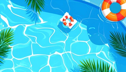 Overhead illustration of a pool with rippling water, life preservers, and palm leaves