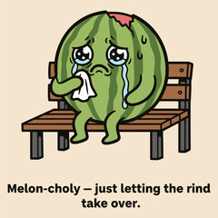 Melon-choly Pun Funny Fruit Mascot Depicting Sadness and Depression