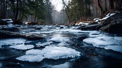 A slow-motion capture of a partially frozen river in a forest. Water flows visibly between sheets of clear ice, symbolizing persistence.