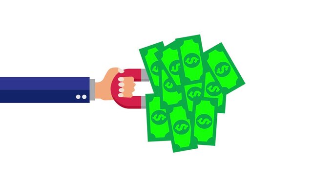 animation of magnet attracting dollar money, economic concept, finance, income, seeking profit in business