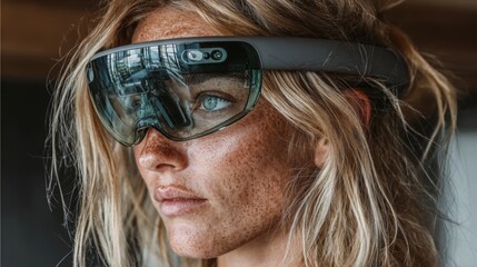 Woman wearing augmented reality glasses, envisioning the future of technology and connectivity with modern innovation