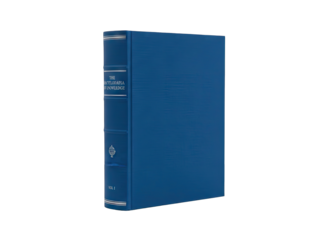 Blue Textured Binder Standing Vertically Isolated on Black Background with White Vertical Lines and Subtle Embossing Detail