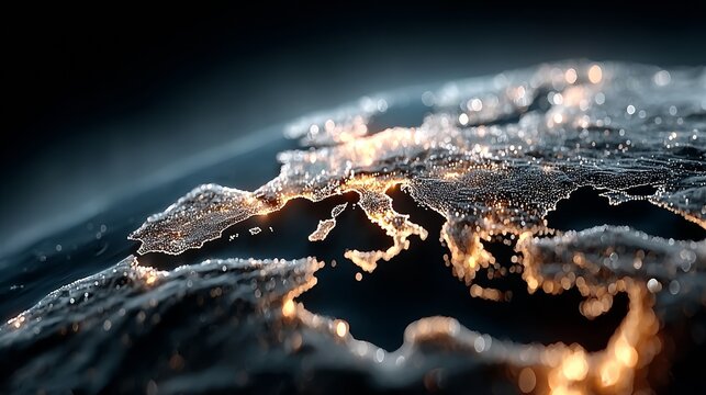 Europe's illuminated map shows global connectivity and urban development with glowing city lights, perfect for tech and data visualizations