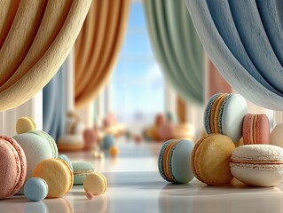 Soft Macaron Color Display Scene with Color-block Walls and Gradient Curtains, Fresh Minimalist Fashion Setup Ultra HD 8K Render