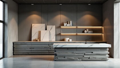A modern kitchen interior with gray cabinets marble countertops and floating shelves with decor