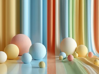 Soft Macaron-Colored Display Scene with Color-block Walls and Gradient Curtains, Fresh Minimalist Fashion Setup Ultra HD 8K Render