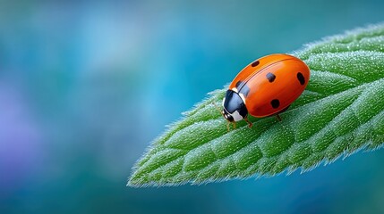 Close-up of a ladybug resting on a green leaf against a blurred blue and green background. The image is in soft focus, highlighting the ladybug and leaf details