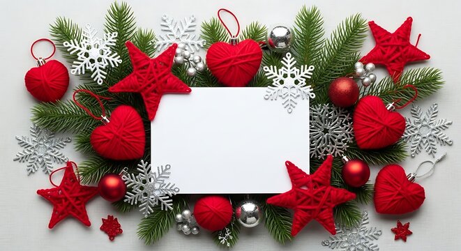 Festive Holiday Decorations: A vibrant arrangement of handcrafted red hearts, stars, and shimmering silver ornaments. A heartwarming scene of holiday cheer.