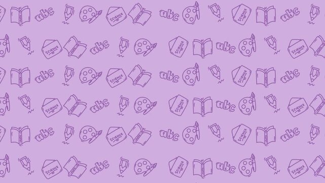 Lavender background with book paint palette and abc icons. Perfect for educational and artistic designs needing creative elements.