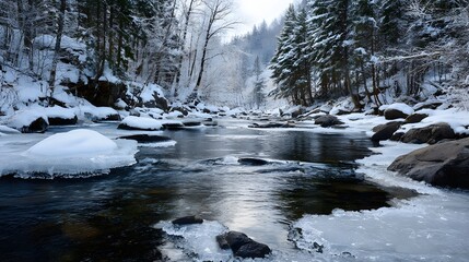 Fototapeta premium A slow-motion capture of a partially frozen river in a forest. Water flows visibly between sheets of clear ice, symbolizing persistence.