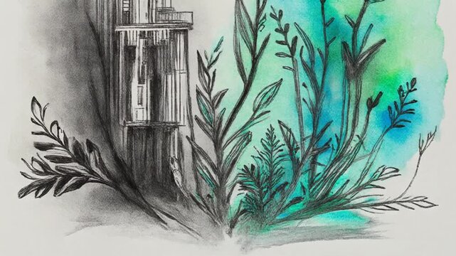 Artistic pencil and watercolor sketch of synthetic plants and ecosystems on textured paper, symbolizing AI nature and eco-futurism concepts.