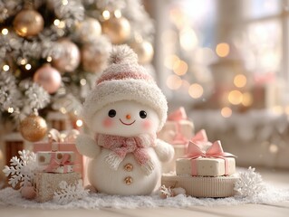 Soft Warm Christmas Display Scene with Snow-Dusted Tree, Snowman and Pink Ribbon Gifts on Light Beige Background, Cozy Healing Atmosphere Ultra HD 8K Render
