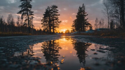 Sunset reflecting in roadside puddle with silhouetted trees and dramatic evening sky creating vibrant natural scenery