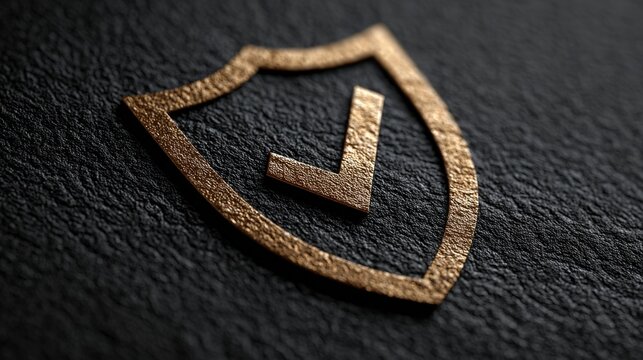 A close-up of a textured shield emblem with a checkmark, symbolizing security and trust on a dark background.