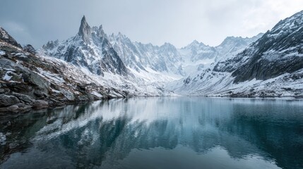 Dramatic snowy mountain peaks reflecting in calm glacial lake surrounded by rugged winter landscape under cold atmospheric sky