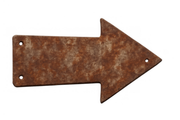 Rusty metal arrow sign pointing right, old weathered pointer, direction symbol, transparent background