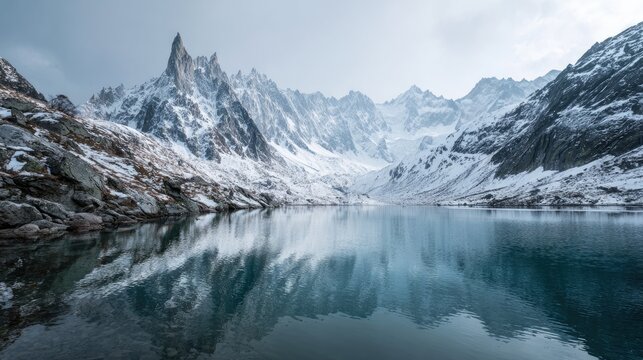 Dramatic snowy mountain peaks reflecting in calm glacial lake surrounded by rugged winter landscape under cold atmospheric sky