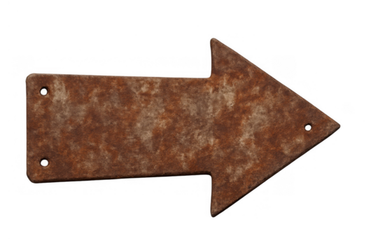 Rusty metal arrow sign pointing right, old weathered pointer, direction symbol, transparent background