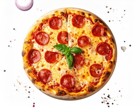 Pepperoni pizza with basil, top-down view on light backdrop