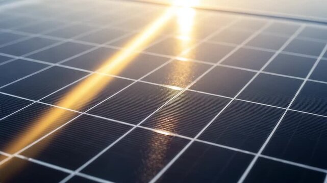 Closeup of a solar panel with sunlight reflecting off its surface, showcasing clean energy technology