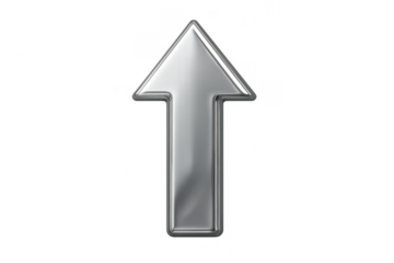 Silver chrome arrow pointing up, representing success, growth, direction, progress, and achievement, isolated on transparent background