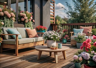 Cozy wooden terrace with rustic wooden furniture, adorned with lush greenery and vibrant flowers, invites relaxation and tranquility