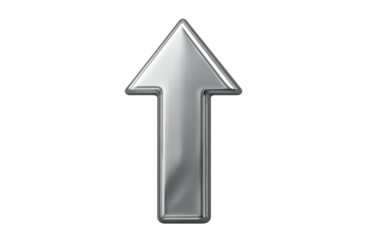 Silver chrome arrow pointing up, representing success, growth, direction, progress, and achievement, isolated on transparent background