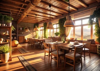 Fototapeta premium Sunlit elegance in a cozy dining space with warm wood accents and natural textiles