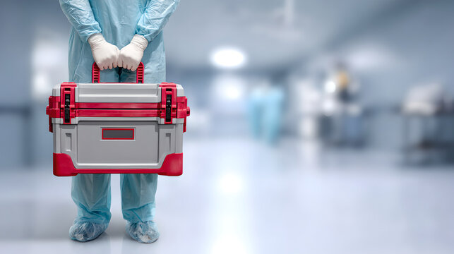 Medical professional carrying a sterile, white transport cooler in a bright facility.	
