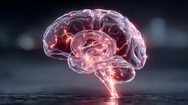 Dynamic neural network within a glowing human brain pulsates with vibrant energy, symbolizing thought and innovation in cutting edge science