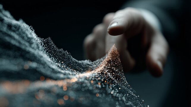 Dynamic digital wave of glowing particles responding to a human touch, symbolizing innovation and data transformation in technology and science - Powered by Adobe