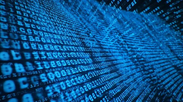Blue screen filled with rows of code and numbers.