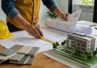 Architect reviews blueprints at wooden desk in modern office