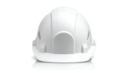 Fototapeta premium A close-up, frontal view of a plain white construction worker's helmet, reflecting light