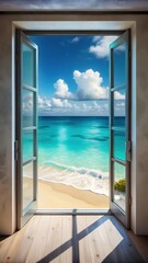 Fototapeta premium A serene ocean vista frames a stunning open window overlooking turquoise waters and powdery white sand beach