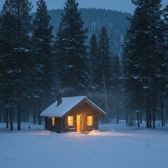 Cabin glows warmly in snowy forest landscape