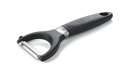 Obraz premium A close-up, isolated shot of a modern, black-handled vegetable peeler on a white background