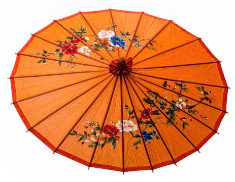 Orange floral painted umbrella on white background