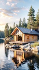 Obraz premium Serene wooden cabin nestled beside a tranquil island river, surrounded by lush greenery and majestic trees