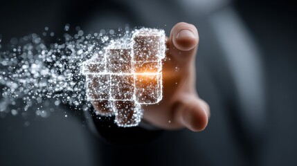 Hand interacting with glowing digital data visualization, representing financial growth and technology innovation