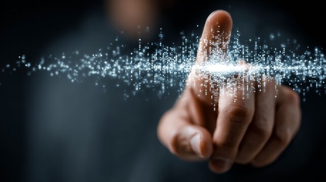 Fingertip interacting with futuristic digital data stream, symbolizing innovation and technological advancement in a dynamic, modern context.
