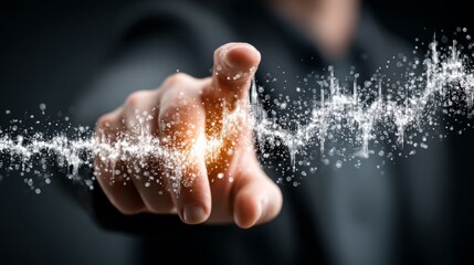 Confident hand interacts with dynamic digital data stream, visualizing progress and innovation in a modern, abstract concept.