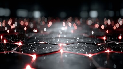 Dynamic digital network with glowing red connections and scattered bright bokeh lights creating a futuristic technology atmosphere