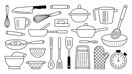 Kitchen utensils drawing culinary tools and equipment sketch outline illustration set design
